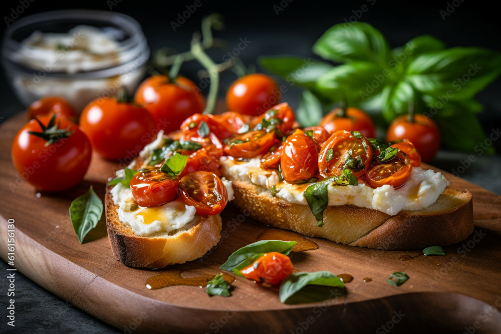 Caprese Crostini with Fresh Tomatoes and Basil, rustic, dark background Caprese Crostini with Fresh Tomatoes and Basil, rustic, dark background