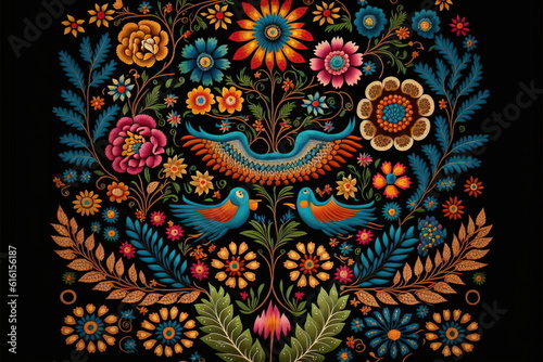 Traditional Mexican embroidery with wondrous textile featuring symmetric intricate patterns of seamless colorful birds and flowers as decorative artwork by Generative AI.