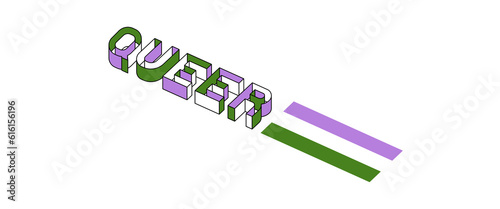 A word "QUEER" 3 dimensions text with queer flag color. 