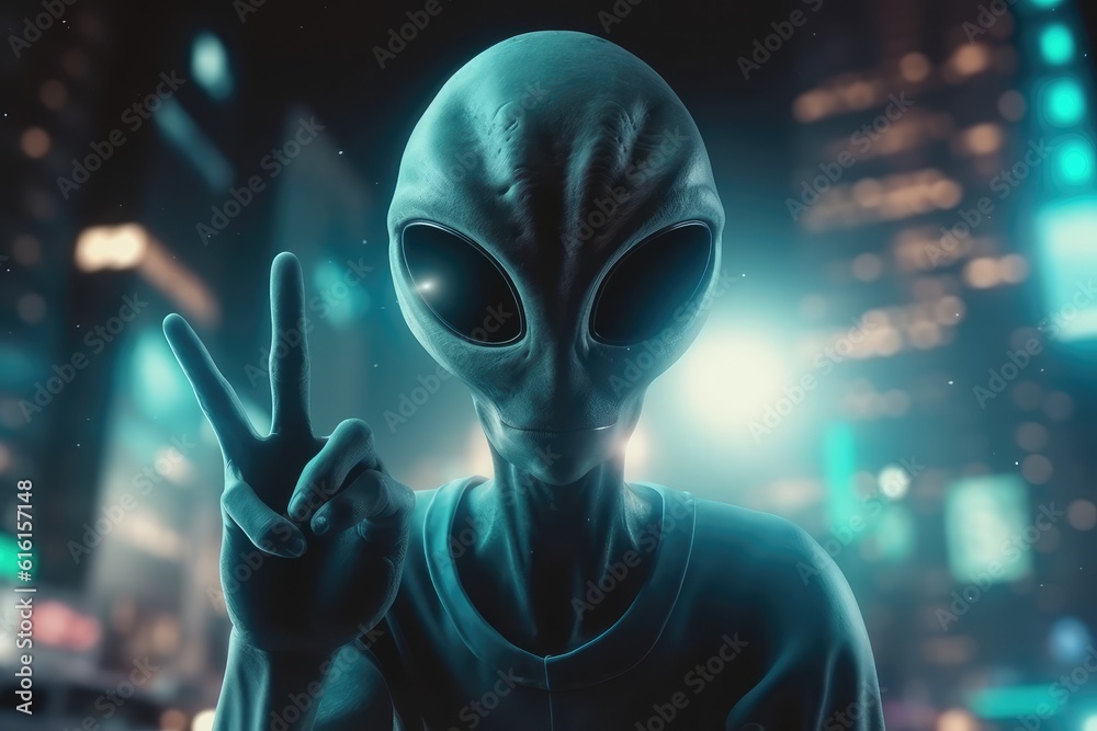 Aliens on planet earth, UFO in field. The aliens came with peace, the galactics show a peace gesture against the background of the city. generative ai.