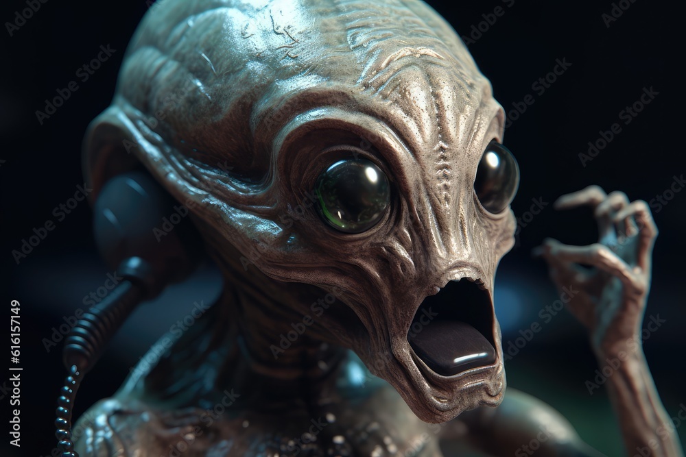 Naklejka premium An alien in headphones listens to music, a podcast of a funny alien on earth, an alien DJ. generative ai.