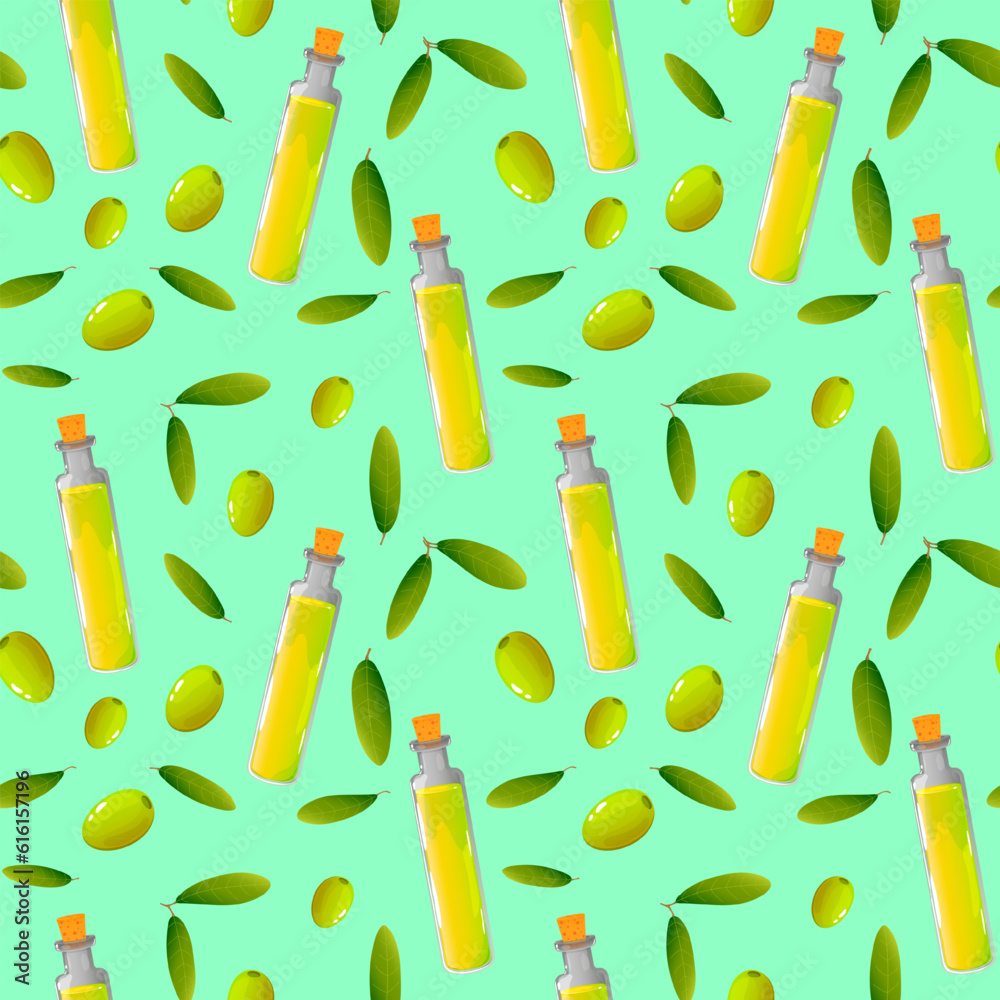 Seamless pattern olive oil and olives on a blue background, vector