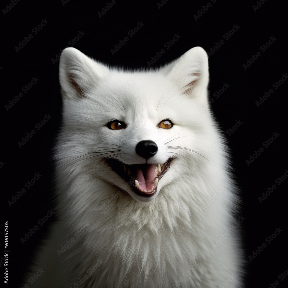 portrait of a smiling white fox, black background portrait of a smiling white fox, black background