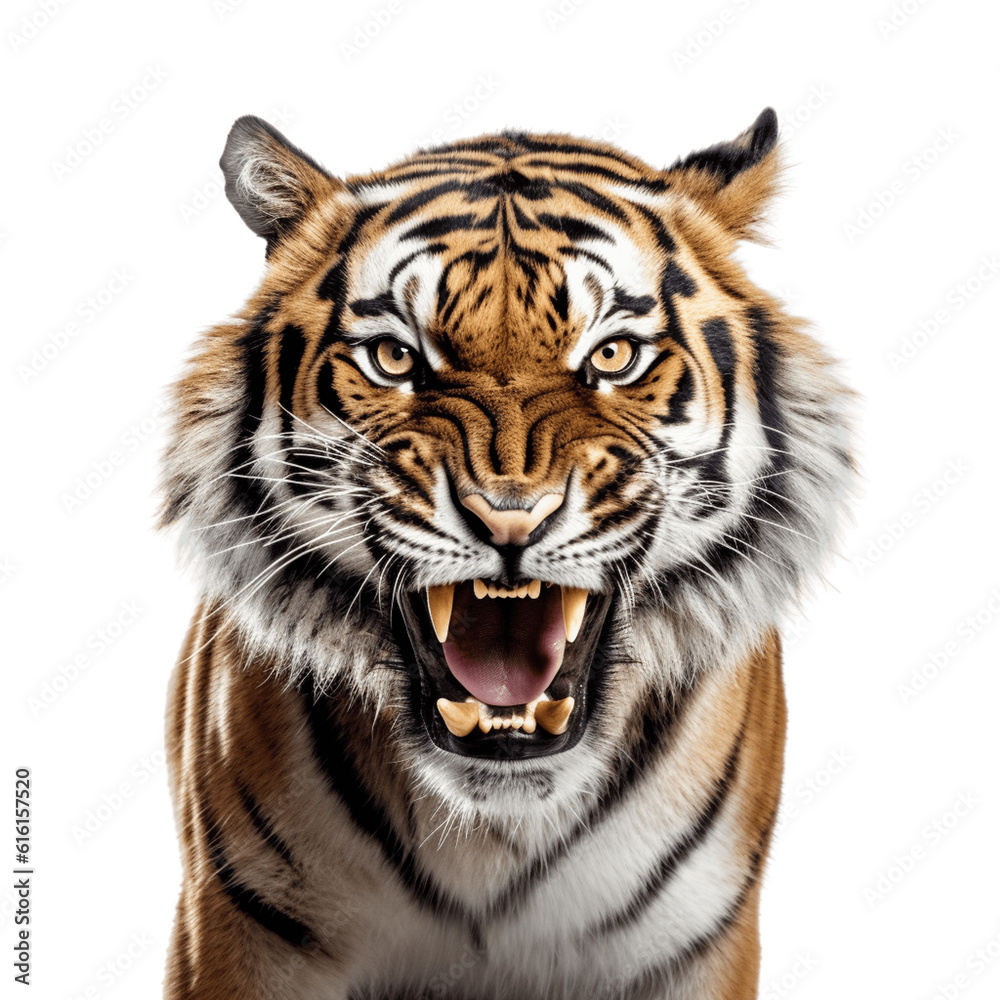 portrait of an angry Bengal tiger staring at the camera, with no background