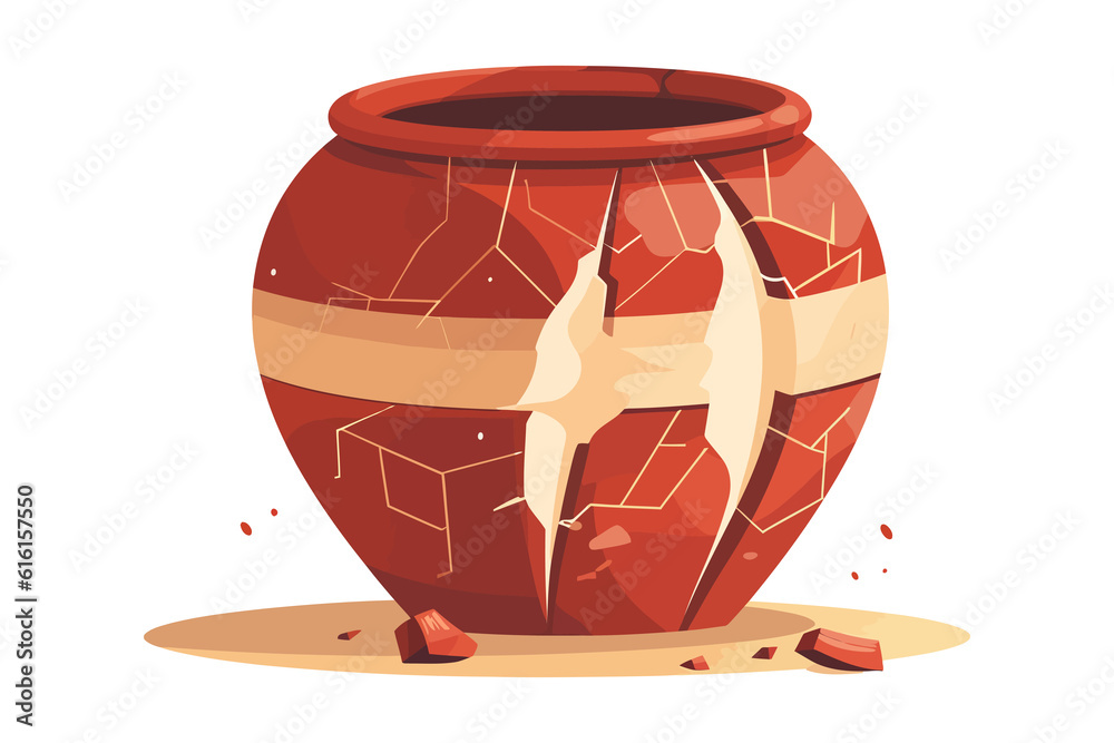 Broken pottery with fractures and clefts. Flat vector illustration