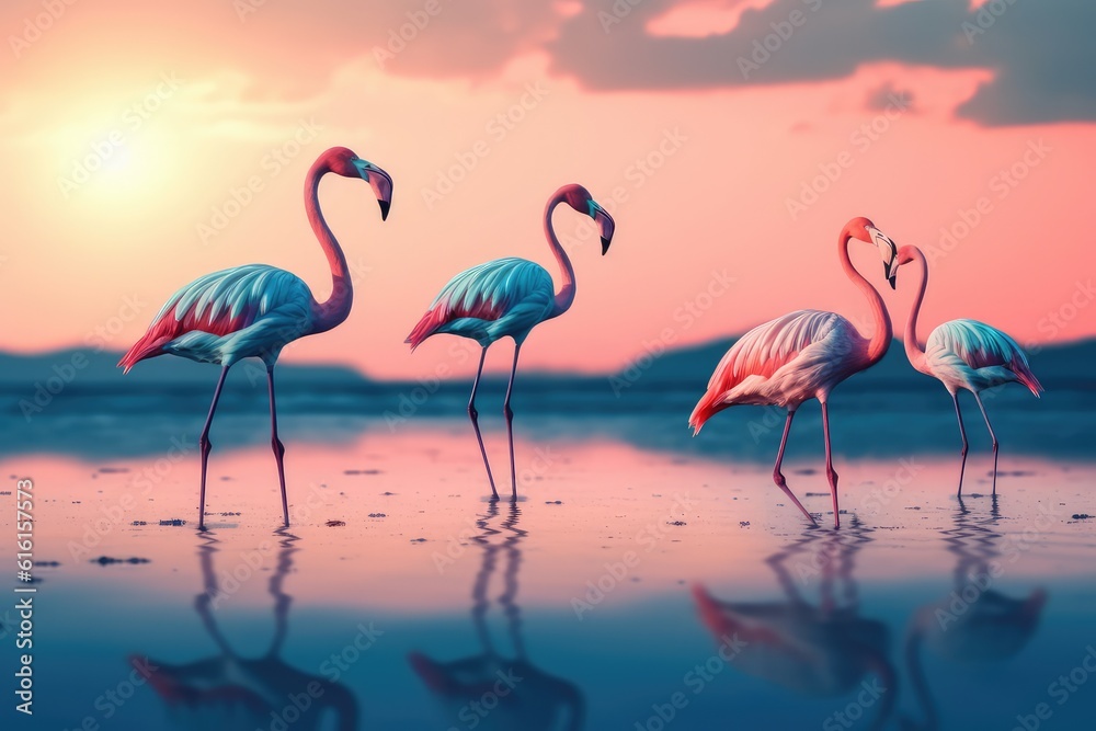 Obraz premium Many flamingos swim in the water against the background of a beautiful sky, pink birds in nature in the tropics. generative ai.