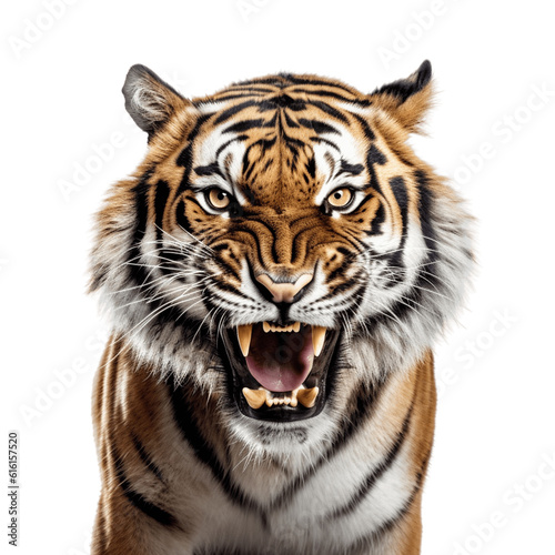 portrait of an angry Bengal tiger staring at the camera  with no background