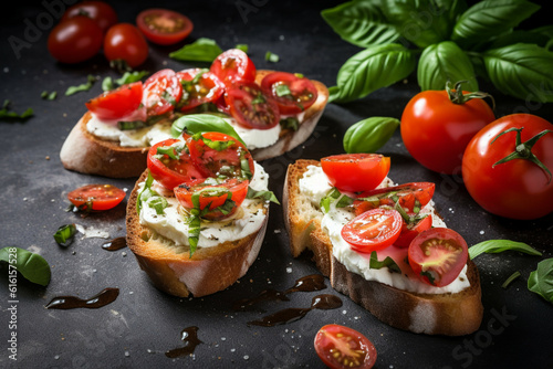 Caprese Crostini with Fresh Tomatoes and Basil, rustic, dark background