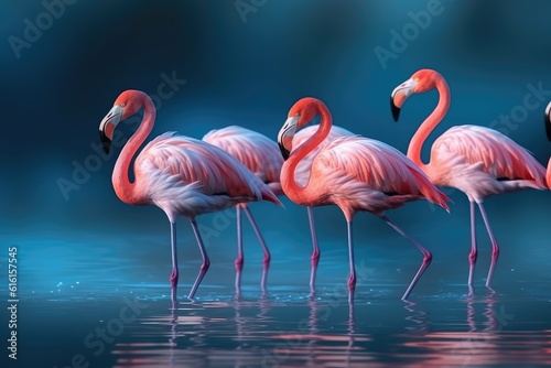 Many flamingos swim in the water against the background of a beautiful sky, pink birds in nature in the tropics. generative ai. © MoreThanProd