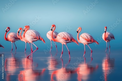 Many flamingos swim in the water against the background of a beautiful sky  pink birds in nature in the tropics. generative ai.