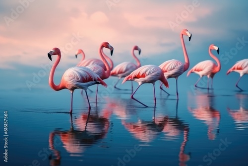 Many flamingos swim in the water against the background of a beautiful sky  pink birds in nature in the tropics. generative ai.