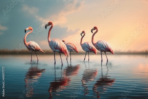 Fototapeta Many flamingos swim in the water against the background of a beautiful sky, pink birds in nature in the tropics