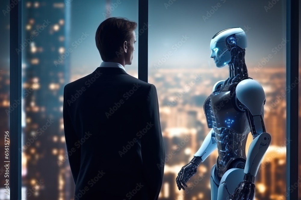 Artificial intelligence digital technology concept. Human and robot talking, communication 