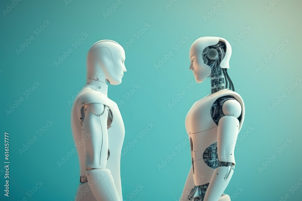 Artificial intelligence digital technology concept. Humanoid robots standing talking face to face, communication Artificial intelligence digital technology concept. Humanoid robots standing talking face to face, communication