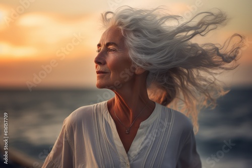Old woman on the beach, senior lady portrait of a gray-haired woman on vacation. generative ai