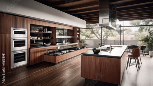 Chic and modern kitchen, with gleaming stainless steel appliances and a sleek, minimalist design. Generative AI