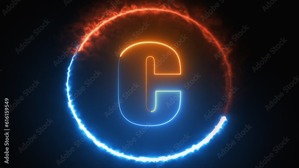 Abstract neon letter C logo design with fire circle. Alphabet C glowing in the dark Line creative symbol. Bright Neon Font text C. Night Show Alphabet. 3d Rendering Isolated on black background. Abstract neon letter C logo design with fire circle. Alphabet C glowing in the dark Line creative symbol. Bright Neon Font text C. Night Show Alphabet. 3d Rendering Isolated on black background.