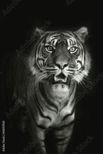 Black and white portrait of a tiger walking straight and looking at camera across a black background