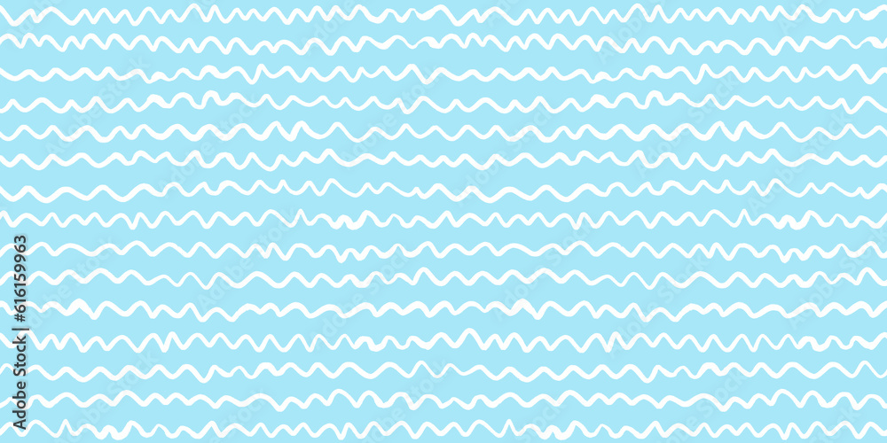 Seamless playful hand drawn light pastel blue horizontal squiggly stripes pattern. Abstract cute wavy Easter egg lines background texture. Boy's birthday, baby shower or nursery wallpaper design