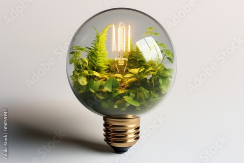 Eco friendly lightbulb with plants. Generative AI