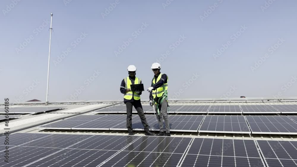 Modern solar farm on a roof under the sky. Workers in uniform and protective helmets discuss the solar panels installation. Modern solar farm on a roof under the sky. Workers in uniform and protective helmets discuss the solar panels installation.