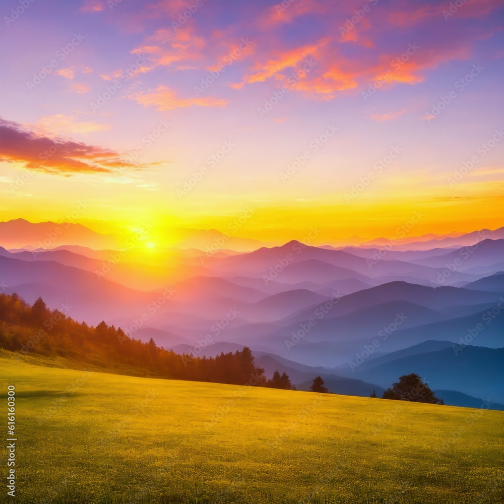 Meadow sunset  with mountains in background