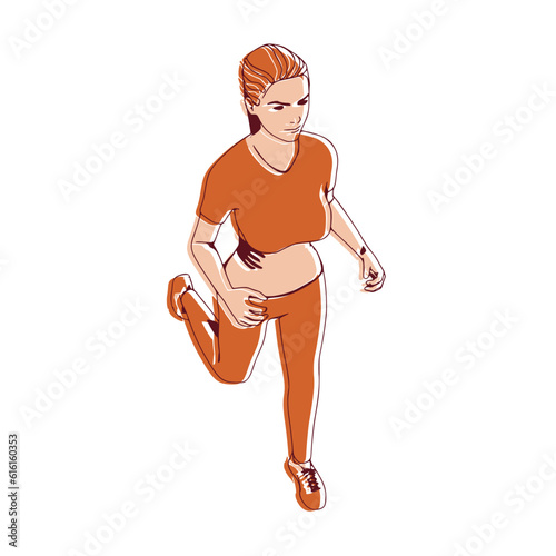 Running woman. Sport girl illustration. Casual sportwear - t-shirt, breeches and sneakers. Young woman wearing workout clothes. Sport fashion girl outline in urban casual style.