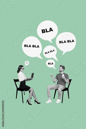 Photo sketch collage of annoying colleague disturbing working lady isolated green color background