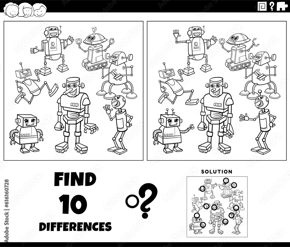 differences game with cartoon robots coloring page