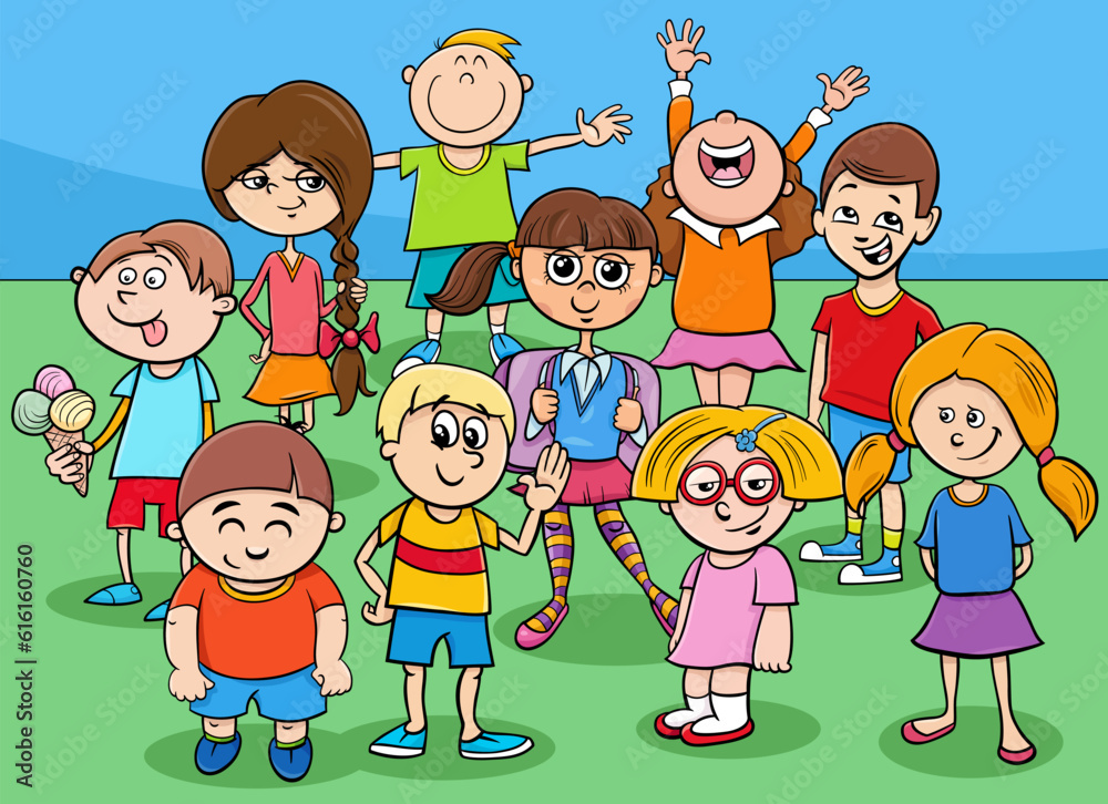 cartoon preschool and elementary age children characters group