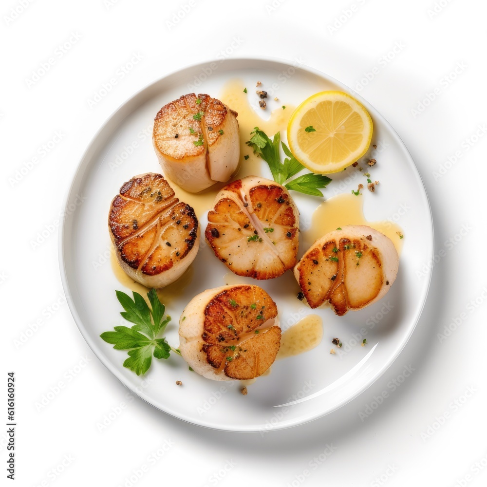 Seared Scallops with Lemon Beurre Blanc isolated on white background. Generative AI Seared Scallops with Lemon Beurre Blanc isolated on white background. Generative AI