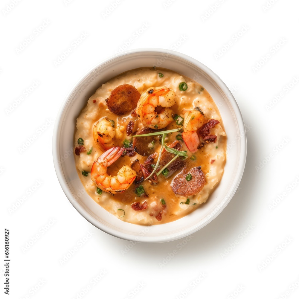 Shrimp and Grits isolated on white background. Generative AI Shrimp and Grits isolated on white background. Generative AI