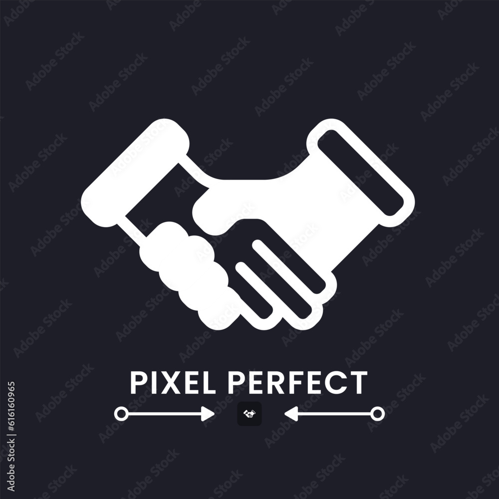 Handshake white solid desktop icon. Business deal. Partnership agreement. Businessmen meeting. Pixel perfect, outline 4px. Silhouette symbol for dark mode. Glyph pictogram. Vector isolated image Handshake white solid desktop icon. Business deal. Partnership agreement. Businessmen meeting. Pixel perfect, outline 4px. Silhouette symbol for dark mode. Glyph pictogram. Vector isolated image
