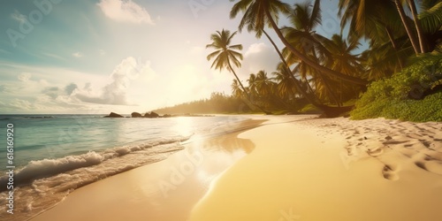 beach with palm trees, Celestial Delight: A Photographic Capture of a Blue Sky with Happy Little White Clouds, Evoking Serenity and Joy in a Bright and Sunny Summer Day