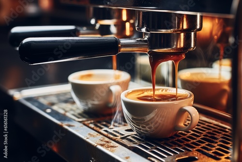 Proffessional brewing - coffee bar details. Espresso coffee pouring from espresso machine.