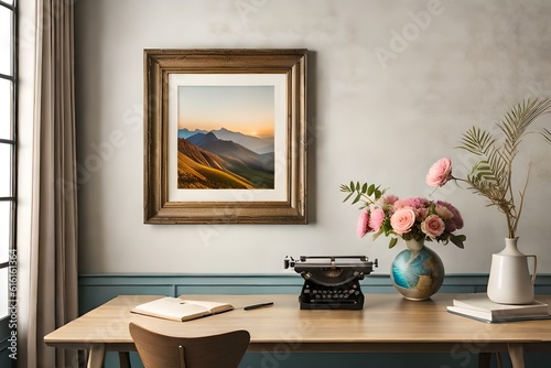 Closeup of picture frame, poster mockup. Vase with olive tree branches on wooden table. Blurred rattan chair. Cup of coffee, books. Summer artistic Mediterranean interior generated by Ai