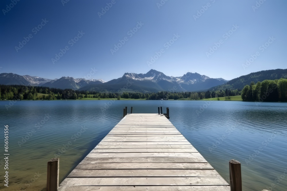 erene Beauty: A Captivating Photograph of a Wooden Jetty Extending into a Pristine Lake, Amidst the Breathtaking Scenery of Bavaria's Majestic Mountains