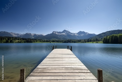 erene Beauty: A Captivating Photograph of a Wooden Jetty Extending into a Pristine Lake, Amidst the Breathtaking Scenery of Bavaria's Majestic Mountains © Ben