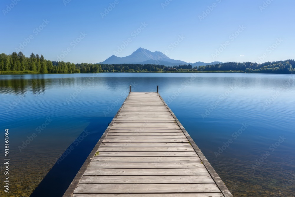 erene Beauty: A Captivating Photograph of a Wooden Jetty Extending into a Pristine Lake, Amidst the Breathtaking Scenery of Bavaria's Majestic Mountains