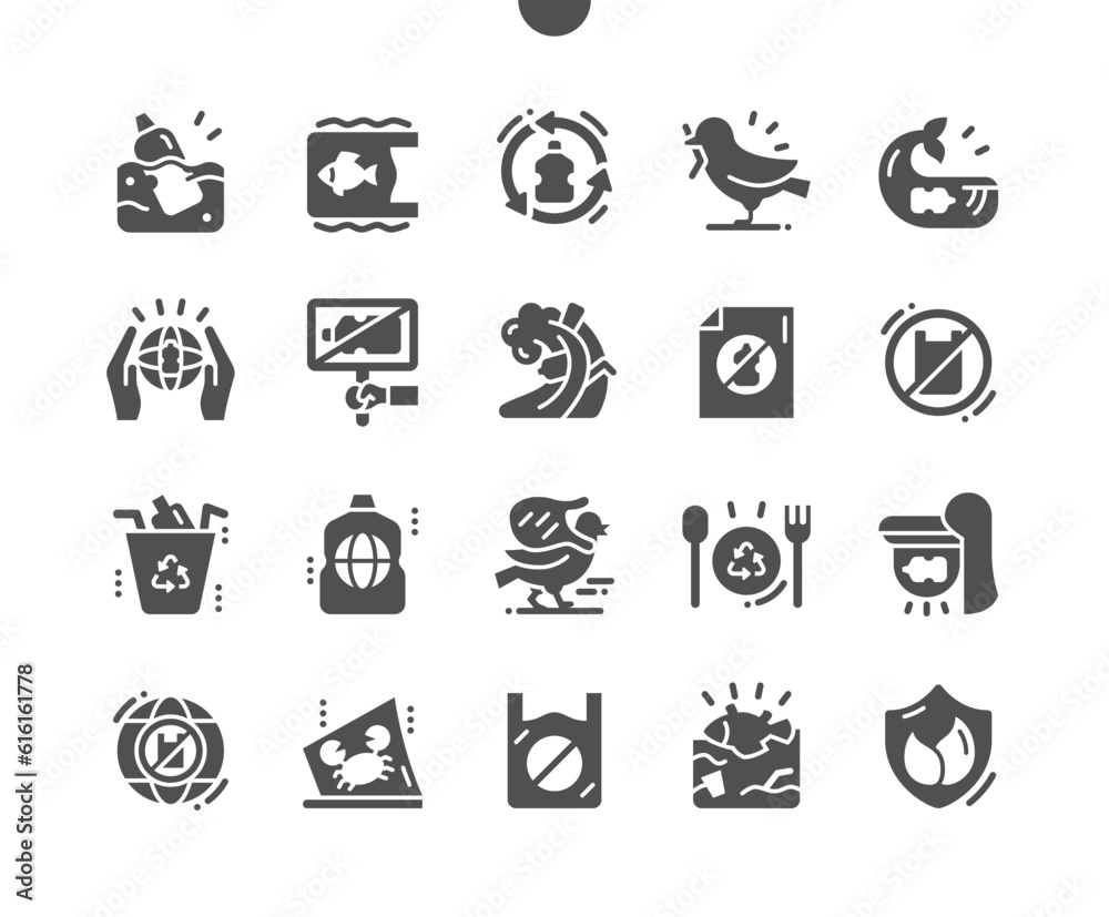 Plastic pollution. Harm to animals. World polyethylene recycling. Not plastic bags. Plastic bottle in sea. Vector Solid Icons. Simple Pictogram