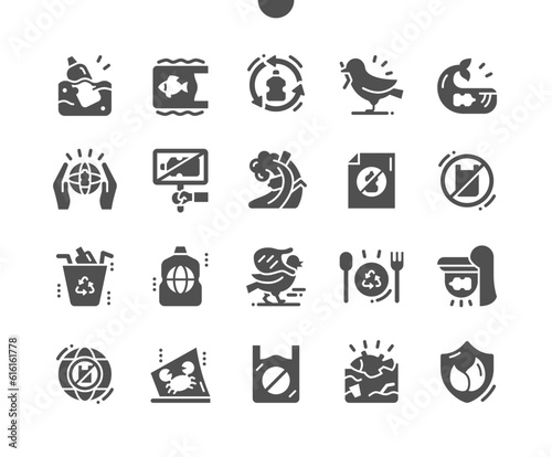 Plastic pollution. Harm to animals. World polyethylene recycling. Not plastic bags. Plastic bottle in sea. Vector Solid Icons. Simple Pictogram