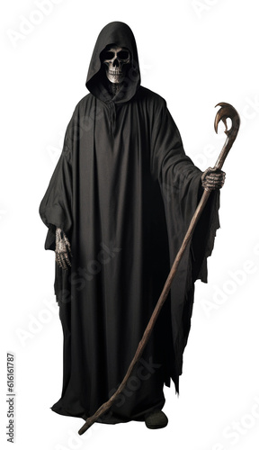Full body shot of mystery grim reaper holding scythe, Generative AI
