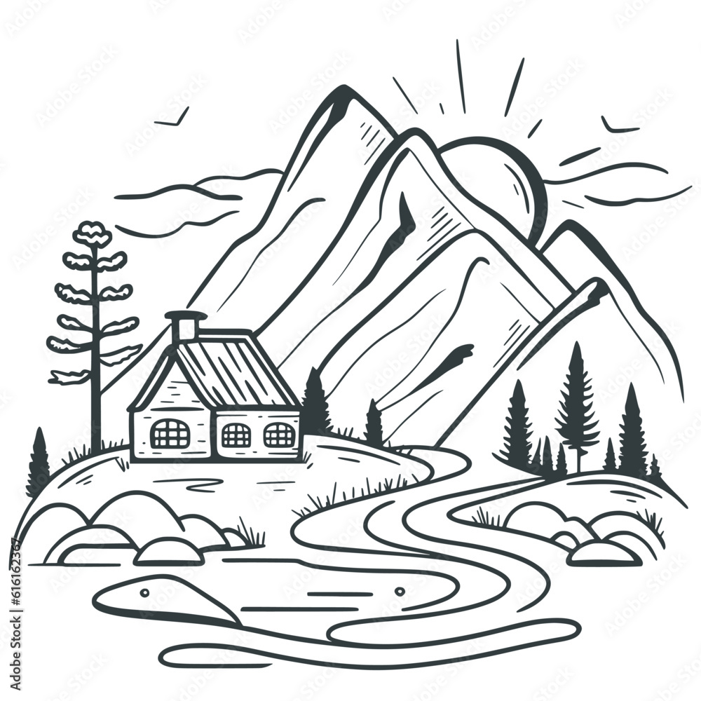Cottage in mountains black sketch on white background. Rural house in mountainous area with river. Hand drawn rural landscape. Countryside hand drawn engraving, vector illustration