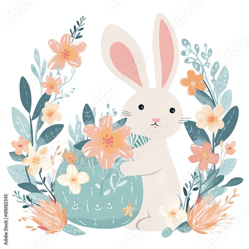 Cute Easter bunny with flowers and leaves. Illustration. Floral Easter Bunny Clipart, AI Generated