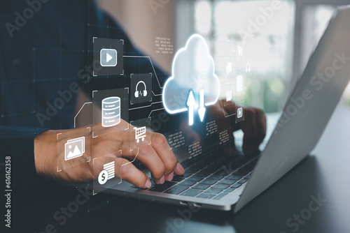 Database storage cloud technology file data transfer sharing, cyber, big data information for financial online marketing, internet banking application or computer download upload backup cloud drive.