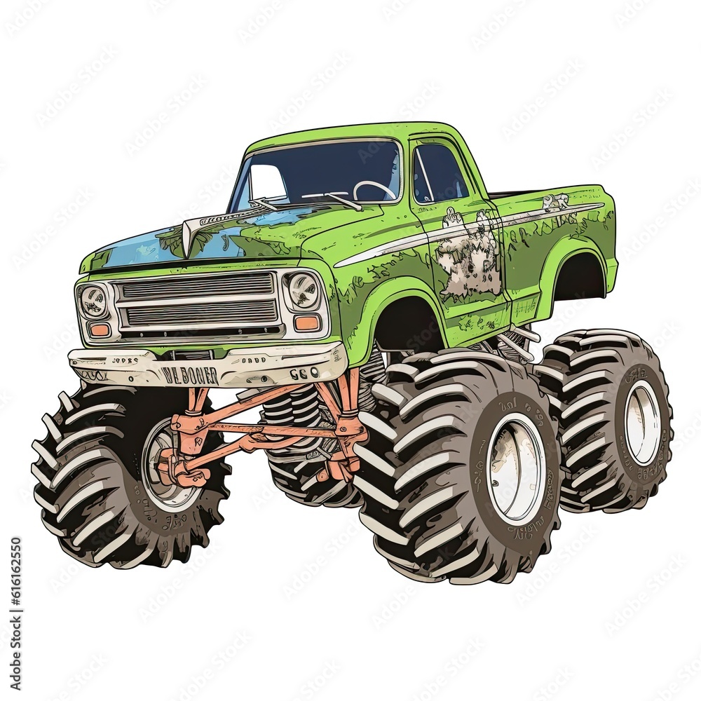 Vintage monster truck isolated on white background. Hand drawn illustration. Vintage Monster Truck Sublimation clipart, AI Generated