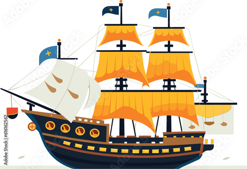 Ocean Voyage: Exploring the Maritime Industry on a Nautical Vessel, Explore a cartoon boat sailing on the sea, a maritime journey awaits. Pirated ship vector illustration