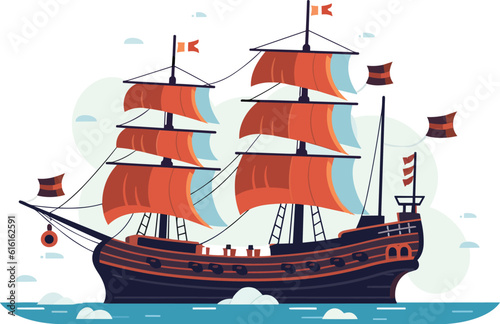 Ocean Voyage: Exploring the Maritime Industry on a Nautical Vessel, Explore a cartoon boat sailing on the sea, a maritime journey awaits. Pirated ship vector illustration