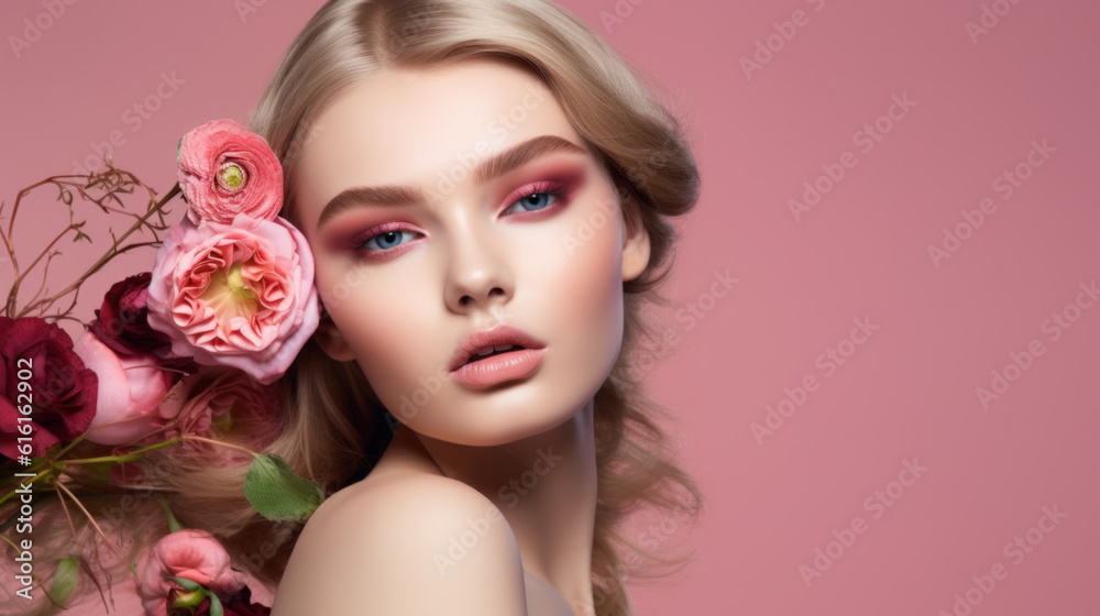Beautiful girl with flawless makeup on a soft pastel pink background.