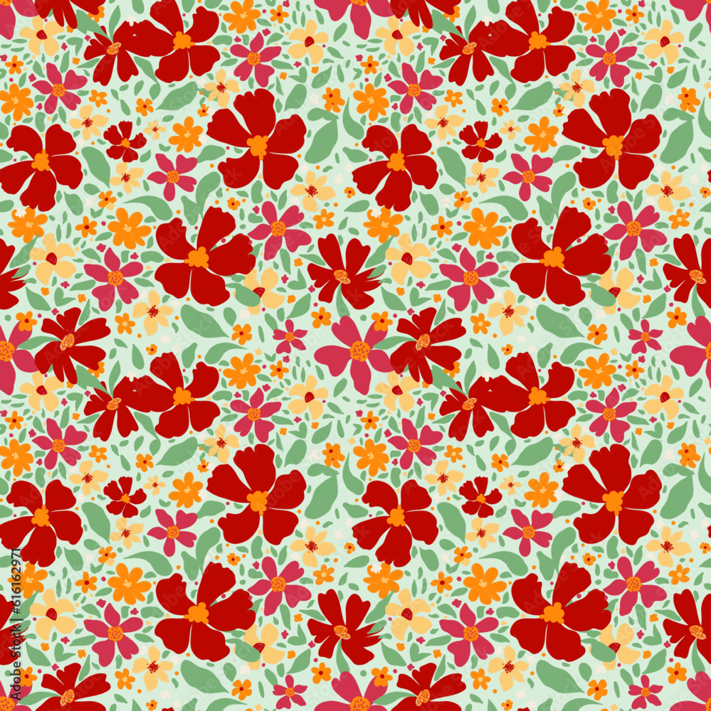 Trendy seamless botanical textile print. Red flowers floral fabric pattern, hand drawn, vector. Fashion textile pattern. Ditsy style